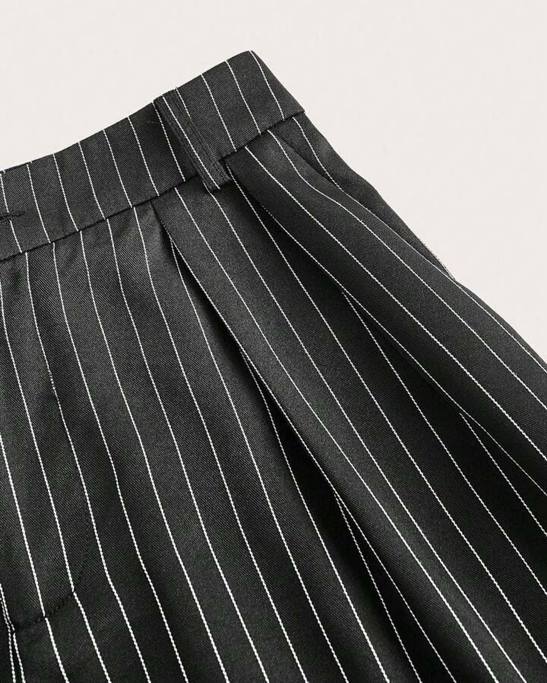 Combo Of two : New Nostalgia Solid High Waist Pleated Wide Leg Pants In Offwhite & Trendy Korean Style Pinstripe Black Trousers - Image 6